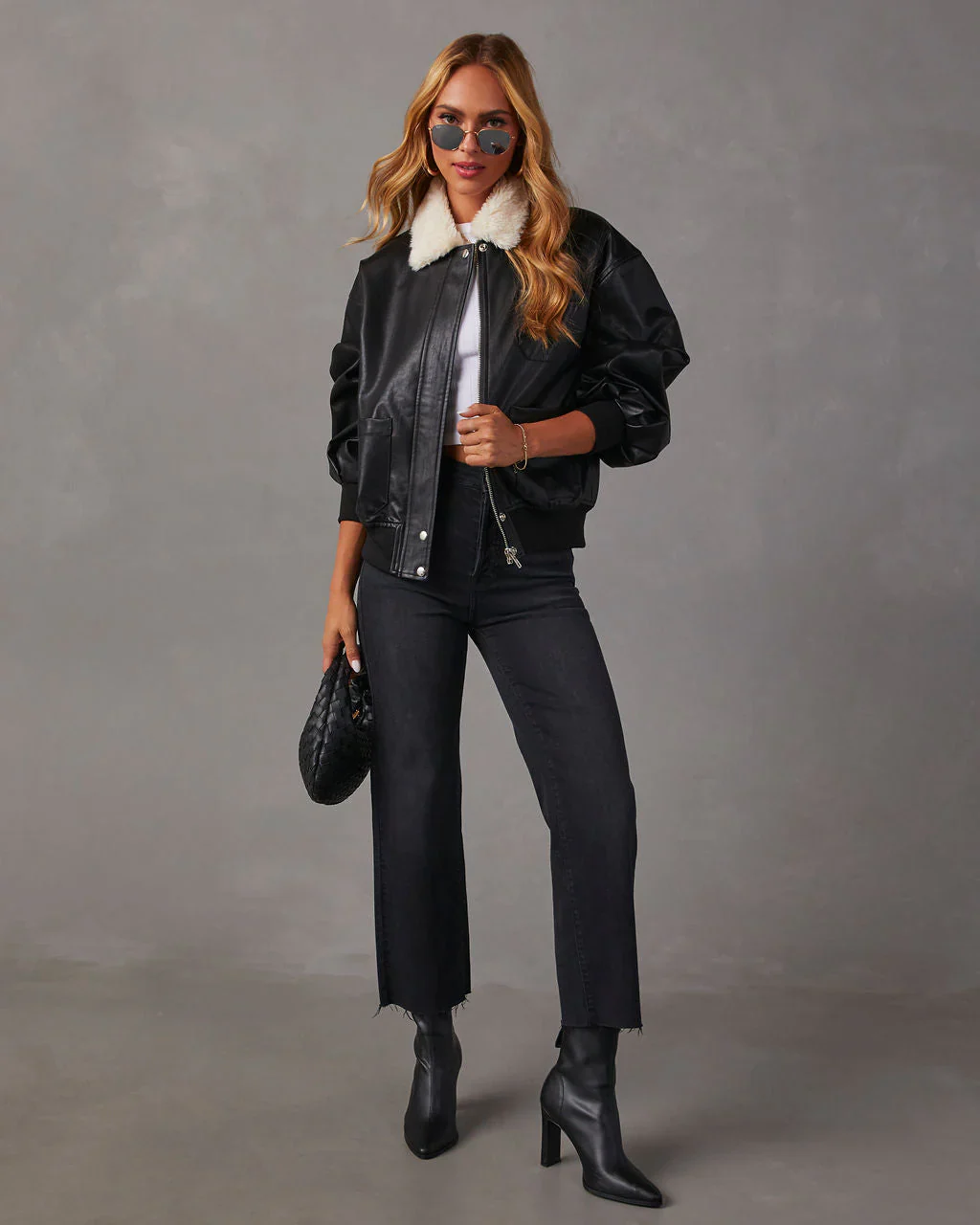 Shazo Faux Leather Shearling Bomber Jacket