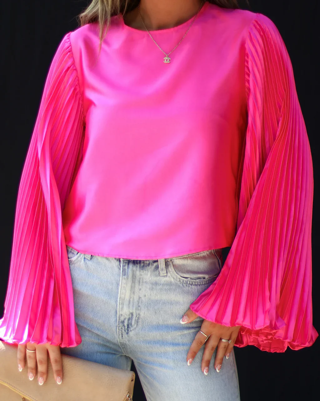 Jazara Satin Plisse Long Sleeve Top