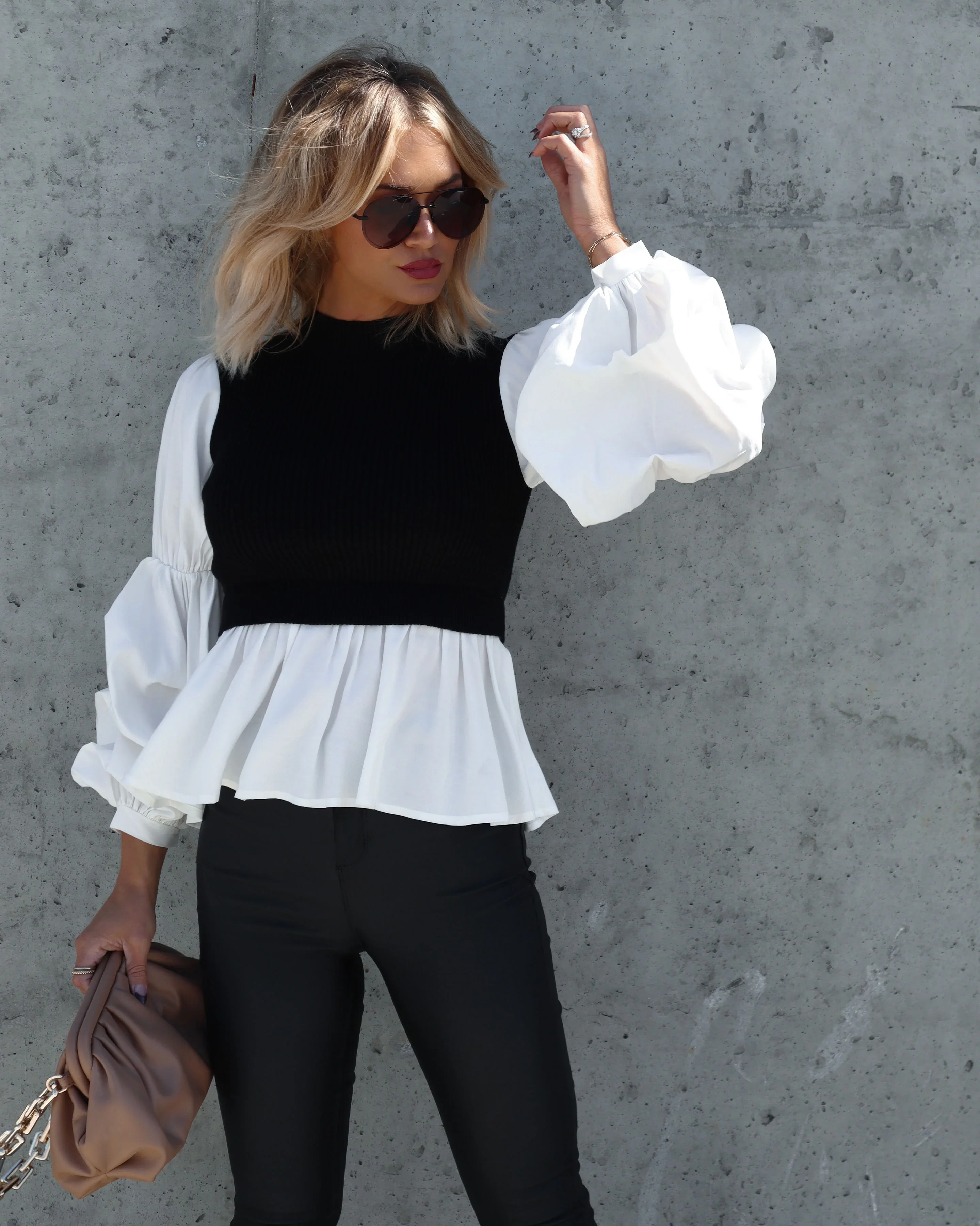 All The Best Contrast Knit Puff Sleeve Top
