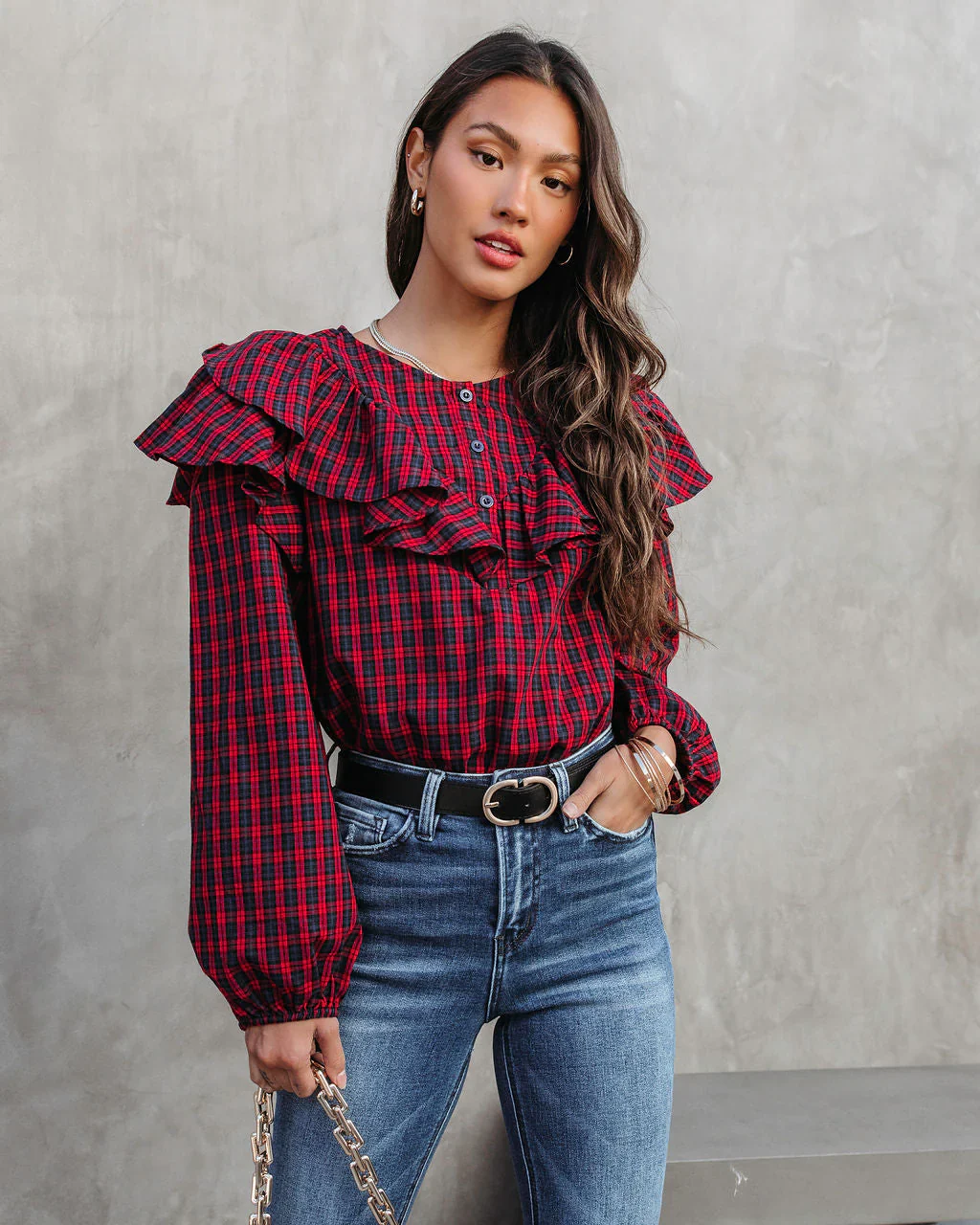 Clara Plaid Ruffle Long Sleeve Top