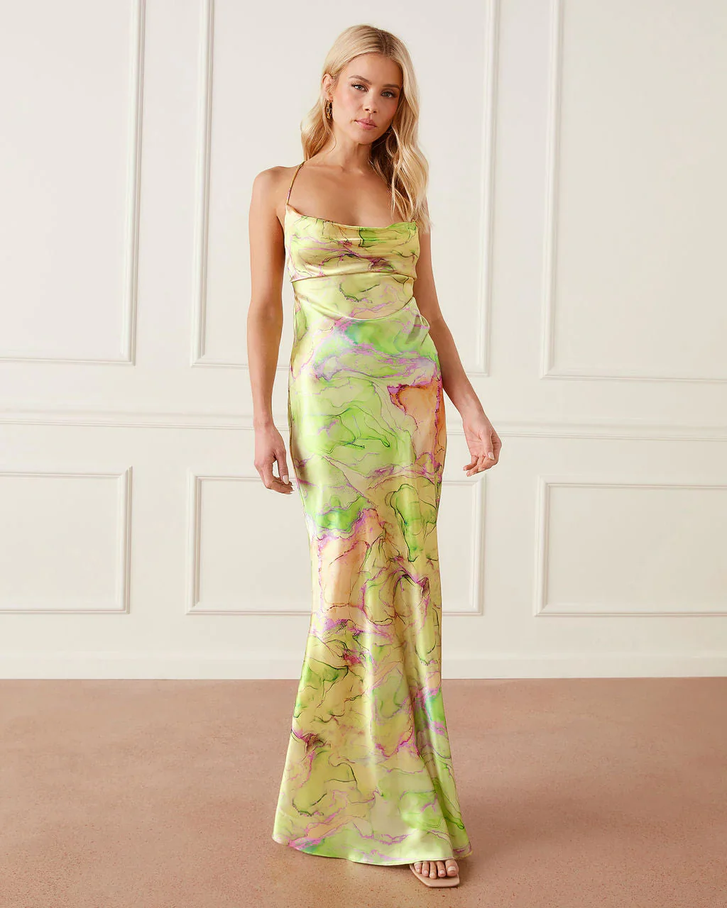 Miami Nights Printed Satin Cowl Neck Maxi Dress