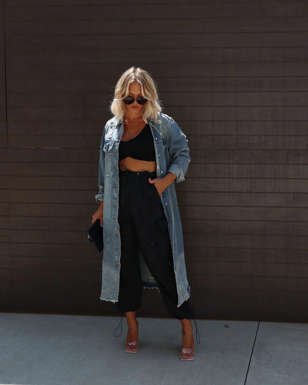 Nattie Distressed Long Denim Jacket