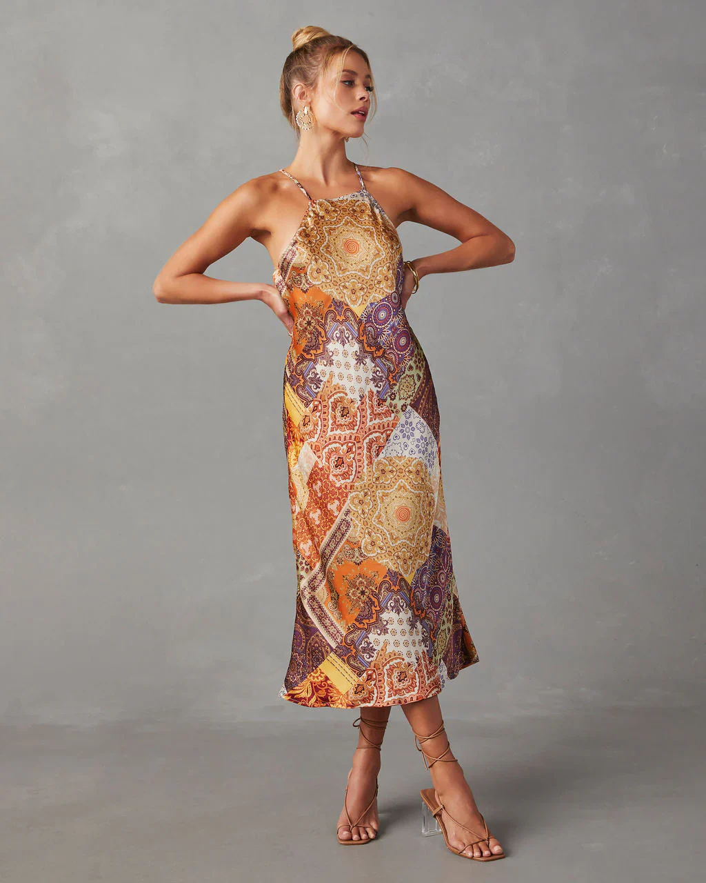 Golden Summer Dream Satin Midi Dress