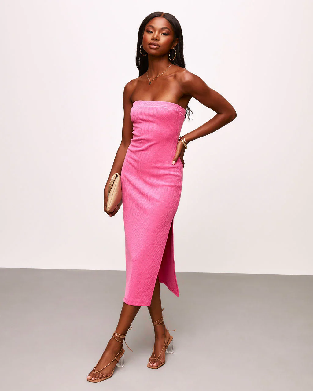 Becks Ribbed Strapless Side Slit Midi Dress