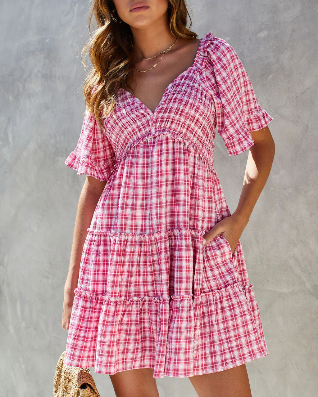 Libertine Plaid Smocked Pocketed Babydoll Dress