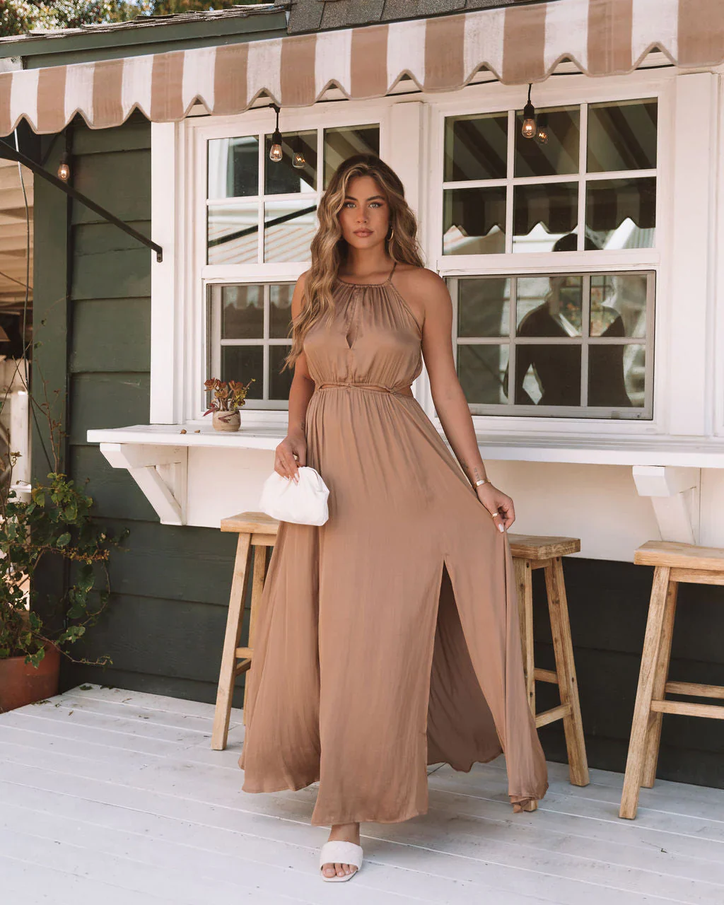 Breeana Satin Side Cutout Halter Maxi Dress