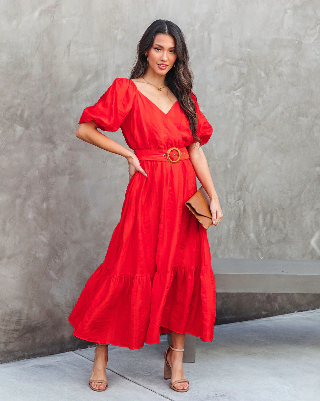 Under The Tuscan Sun Puff Sleeve Belted Midi Dress