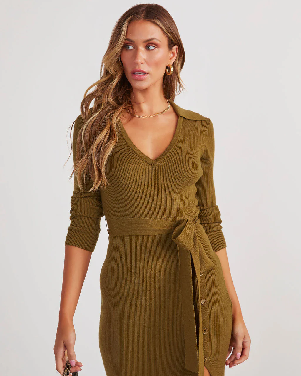 Colleto Tie Waist Midi Sweater Dress