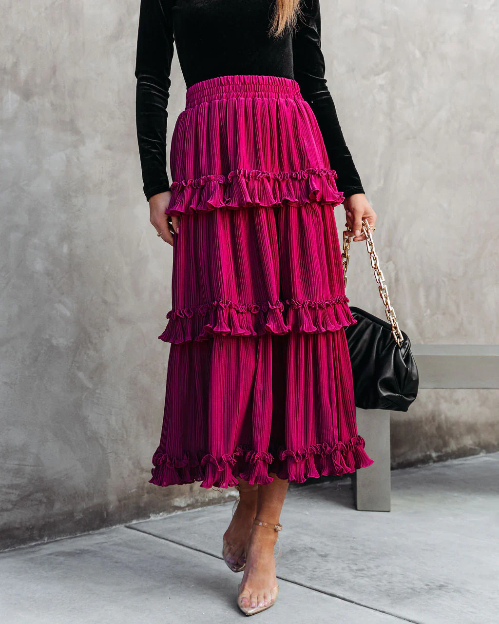 Nasreen Plisse Chiffon Tiered Maxi Skirt