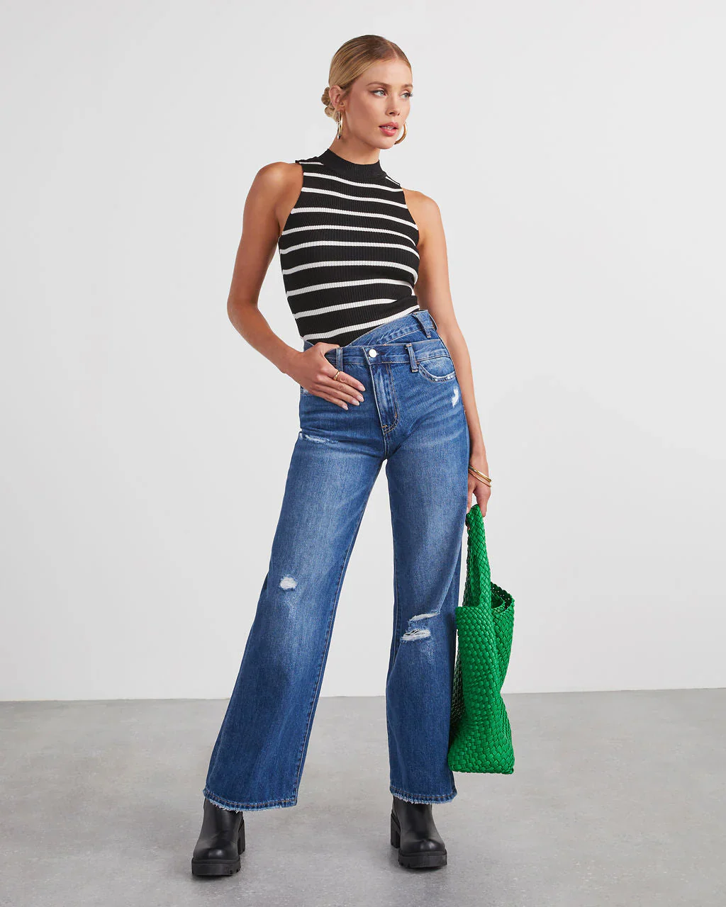 Provo High Rise Asymmetrical Waist Wide Leg Jeans
