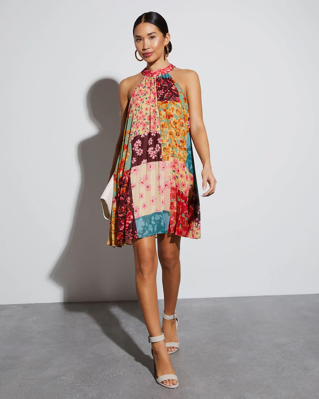 Spring Awakening Mock Neck Pleated Mini Dress